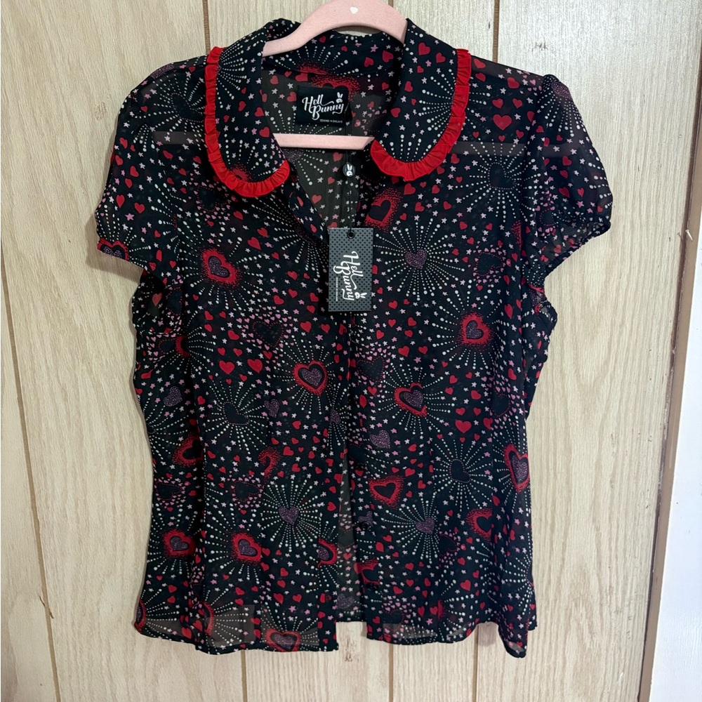 Hell Bunny Black Blouse with Red Heart and Starburst Pattern